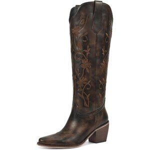 Women's Vintage Brown Boot Knee High Cowgirl Boots With Pointed Toe Chunky Heel